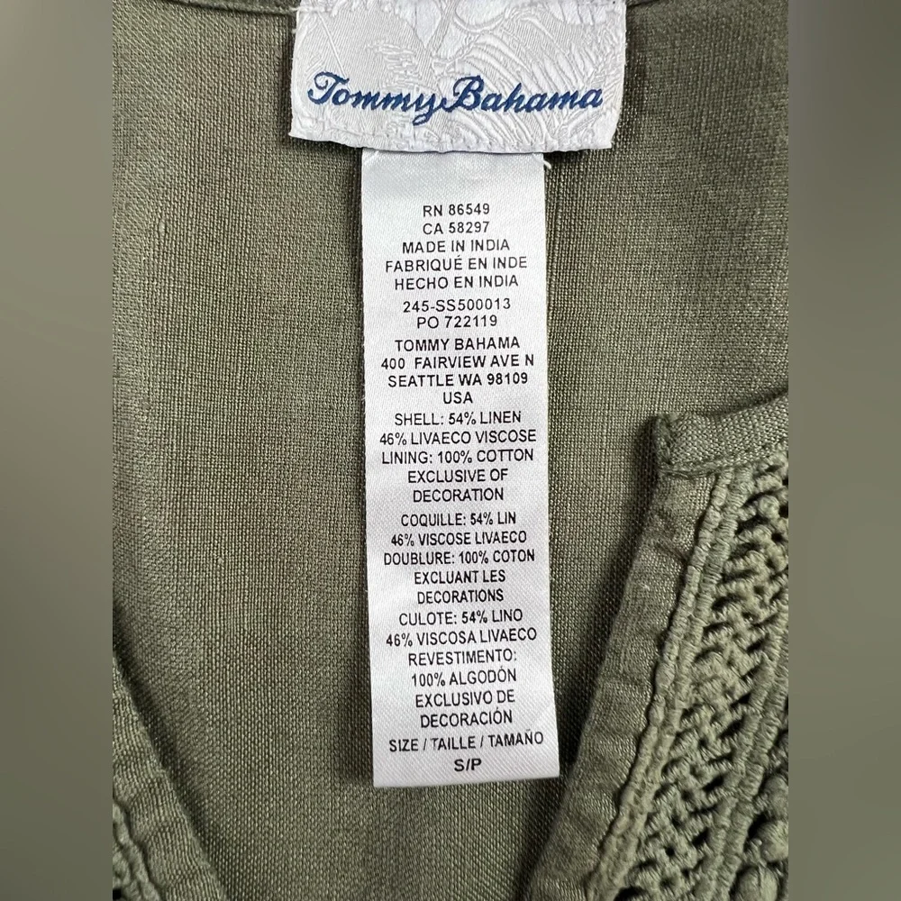 Tommy Bahama Olive Green Linen Viscose Eyelet Boho Peasant Dress - Picture 3 of 14